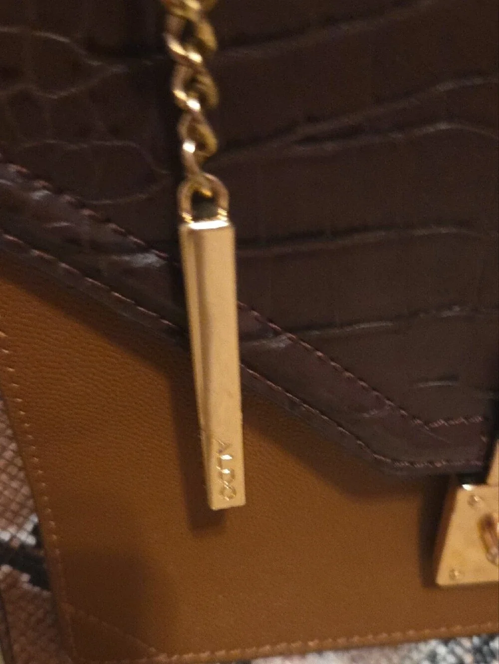 Aldo Structured Brown Croc-Textured Top Handle Satchel with Snake-Print Accents - Picture 3 of 5